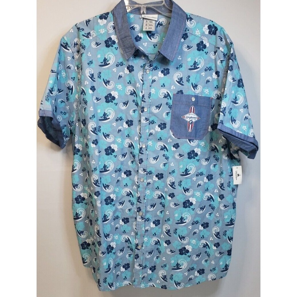 Disney Mens Button‎ Up Surf Shirt Mickeys Longboard Surf Team Pearl Snaps XL NWT